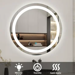 Miroir de salle de bain rond led 60 cm, anti buée Lumière blanche froid 6000K tactile mural, AICA SANITAIRE