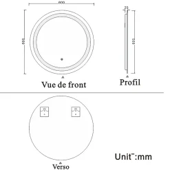 Miroir de salle de bain rond led 60 cm, anti buée Lumière blanche froid 6000K tactile mural, AICA SANITAIRE