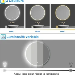 Miroir de salle de bain rond 100x100cm LED tricolore anti-buée + mémoire + dimmable, AICA SANITAIRE