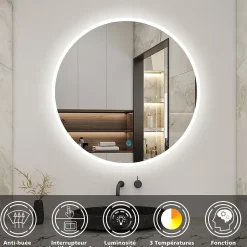 Miroir de salle de bain rond 60x60cm LED tricolore anti-buée + mémoire + dimmable, AICA SANITAIRE