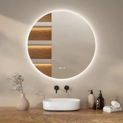 Miroir de salle de bain rond éclairé par LED 100 cm, antibuée, sans cadre