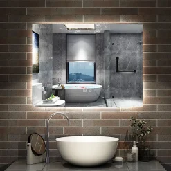 Miroir de salle de bain rétro-éclairé sans cadre 90x70cm, Tricolore + Anti-buée + Mémoire + Dimmable, AICA SANITAIRE