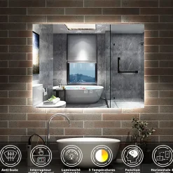 Miroir de salle de bain rétro-éclairé sans cadre 90x70cm, Tricolore + Anti-buée + Mémoire + Dimmable, AICA SANITAIRE