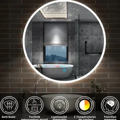 Miroir de salle de bain rond 60x60cm LED tricolore anti-buée + mémoire + dimmable, AICA SANITAIRE