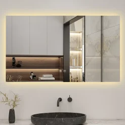 Miroir de salle de bain rétro-éclairé sans cadre 80x60cm, Tricolore + Anti-buée + Mémoire + Dimmable, AICA SANITAIRE