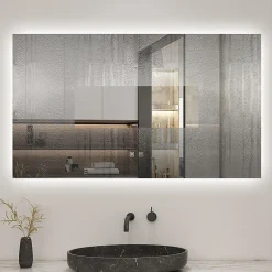 Miroir de salle de bain rétro-éclairé sans cadre 80x60cm, Tricolore + Anti-buée + Mémoire + Dimmable, AICA SANITAIRE
