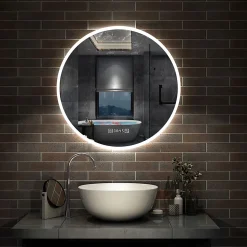 Miroir de salle de bain rond 60x60cm avec Horloge, LED, Tricolore, Anti-Buée, AICA SANITAIRE