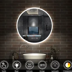 Miroir de salle de bain rond 60x60cm avec Horloge, LED, Tricolore, Anti-Buée, AICA SANITAIRE