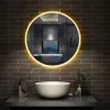 Miroir de salle de bain simple Bluetooth LED rond tricolore tactile avec anti-buée 60cm, AICA SANITAIRE