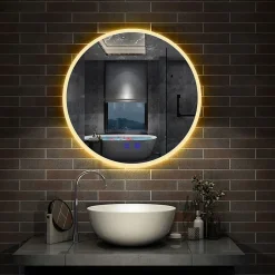 Miroir de salle de bain simple Bluetooth LED rond tricolore tactile avec anti-buée 60cm, AICA SANITAIRE
