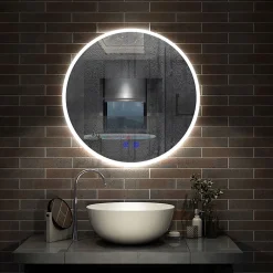 Miroir de salle de bain simple Bluetooth LED rond tricolore tactile avec anti-buée 60cm, AICA SANITAIRE