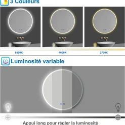 Miroir de salle de bain simple Bluetooth LED rond tricolore tactile avec anti-buée 60cm, AICA SANITAIRE