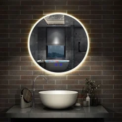 Miroir de salle de bain simple Bluetooth LED rond tricolore tactile avec anti-buée 70cm, AICA SANITAIRE