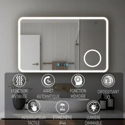 Miroir de salle de bain 120x70cm avec horloge digitale et éclairage LED à couleur réglable (2700K/4600K/6500K)