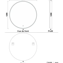 Miroir de salle de bain 120x120cm LED Rond anti-buée et tactile de Salle de Bain monochrome, AICA SANITAIRE
