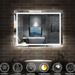 Miroir de salle de bain 100x60cm Tri-color anti-buée LED avec mémoire et lumière gradation, AICA SANITAIRE