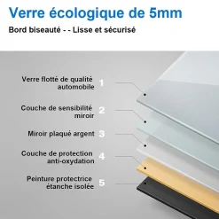 Miroir de salle de bain 100x60cm Tri-color anti-buée LED avec mémoire et lumière gradation, AICA SANITAIRE