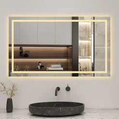 Miroir de salle de bain 80x60cm Tri-color anti-buée LED avec mémoire et lumière gradation, AICA SANITAIRE