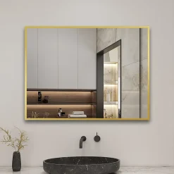 Miroir de salle de bain 80x60cm Cadre carré miroir or mat suspendu, horizontalement et verticalement, AICA SANITAIRE