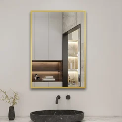 Miroir de salle de bain 80x60cm Cadre carré miroir or mat suspendu, horizontalement et verticalement, AICA SANITAIRE