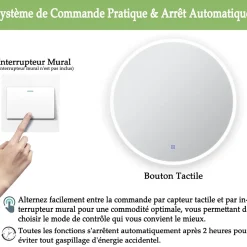 Miroir de salle de bains rond 80x80 cm - Anti-Buée , Mémoire, LED,Miroir lumineux de salle de bains