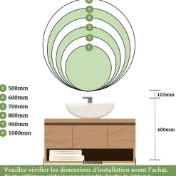 Miroir de salle de bains rond 80x80 cm - Anti-Buée , Mémoire, LED,Miroir lumineux de salle de bains