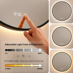 Miroir de salle de bains lumineux LED rond 120cm, Cadre noir, Antibuée
