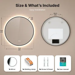 Miroir de salle de bains lumineux LED rond 120cm, Cadre noir, Antibuée