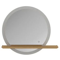 Miroir de salle de bains lumineux LED rond avec tablette bois, GoodHome Avela