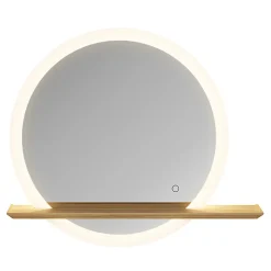 Miroir de salle de bains lumineux LED rond avec tablette bois, GoodHome Avela