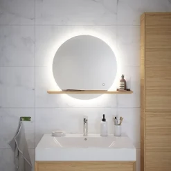 Miroir de salle de bains lumineux LED rond avec tablette bois, GoodHome Avela