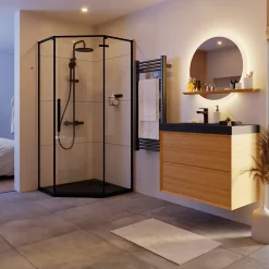 Miroir de salle de bains lumineux LED rond avec tablette bois, GoodHome Avela