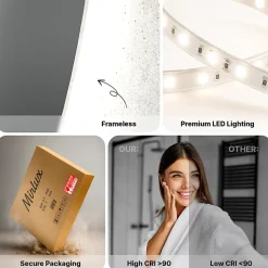 Miroir de salle de bains lumineux LED rond 120cm, Sans Cadre, Antibuée