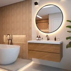 Miroir de salle de bains lumineux LED rond 100 cm, noir mat, antibuée