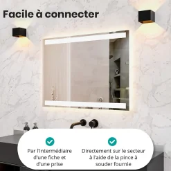 Miroir de salle de bains lumineux LED rectangulaire 90x65 cm, Sans cadre, chauffant antibuée