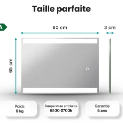 Miroir de salle de bains lumineux LED rectangulaire 90x65 cm, Sans cadre, chauffant antibuée