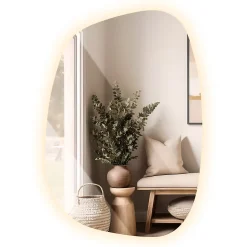 Miroir forme originale lumineux Tulup 91 x 66 cm découpe biseautée lumière chaud
