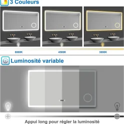 Miroir LED antibuée 100x60 avec zone grossissante X3 température de couleur réglable SANILAND
