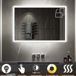 Miroir LED lumineux TEMEO 90 x 120 cm (ou 120x90) antibuée + intensité 2100 lms & couleur réglables salle de bain - Saniverre