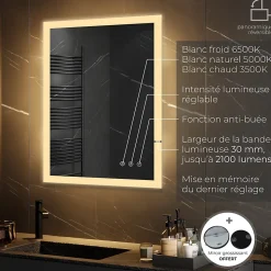 Miroir LED lumineux TEMEO 90 x 120 cm (ou 120x90) antibuée + intensité 2100 lms & couleur réglables salle de bain - Saniverre