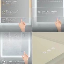 Miroir LED lumineux TEMEO 60 x 80 cm (ou 80x60) antibuée + intensité 2100 lms & couleur réglables salle de bain - Saniverre