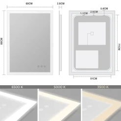 Miroir LED lumineux TEMEO 60 x 80 cm (ou 80x60) antibuée + intensité 2100 lms & couleur réglables salle de bain - Saniverre