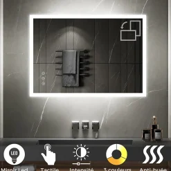 Miroir LED lumineux TEMEO 70 x 100 cm (ou 100x70) antibuée + intensité 2100 lms & couleur réglables salle de bain - Saniverre
