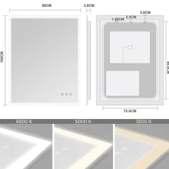 Miroir LED lumineux TEMEO 80 x 100 cm (ou 100x80) antibuée + intensité 2100 lms & couleur réglables salle de bain - Saniverre