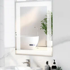 Miroir LED Mural de Salle de Bain Eclairage LED 3 Couleurs Memoire Antibuee Lecture Heure Temperature Rectangulaire-Motif
