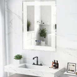 Miroir LED Mural de Salle de Bain Eclairage LED 3 Couleurs Memoire Antibuee Lecture Heure Temperature Rectangulaire-Motif