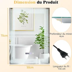 Miroir LED Mural de Salle de Bain Eclairage LED 3 Couleurs Memoire Antibuee Lecture Heure Temperature Rectangulaire-Motif