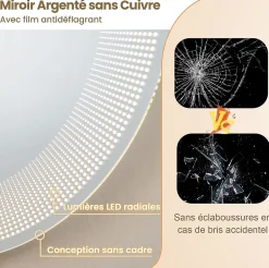 Miroir LED Mural de Salle de Bain Eclairage LED 3 Couleurs Fonction Memoire Antibuee Lecture Heure Temperature Rond-Blanc