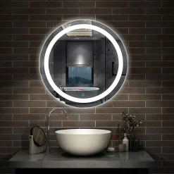 Miroir LED rond de 60cm, dimmable + mémoire + antibuée, IP44, avec interrupteur tactile, 6000k blanc froid, AICA SANITAIRE