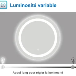 Miroir LED rond de 60cm, dimmable + mémoire + antibuée, IP44, avec interrupteur tactile, 6000k blanc froid, AICA SANITAIRE